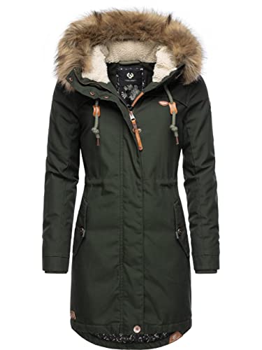 Ragwear Damen Wintermantel Warmer Parka lang mit abnehmbarem Kunstfell Tawny Dark Olive22 Gr. L von Ragwear