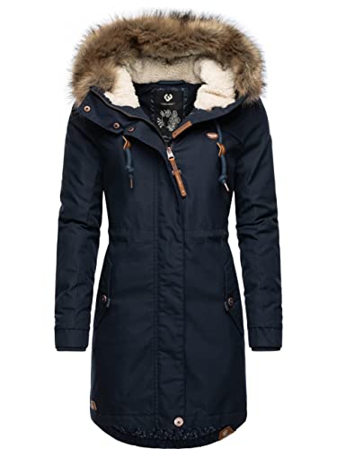 Ragwear Damen Wintermantel Warmer Parka lang mit abnehmbarem Kunstfell Tawny Navy22 Gr. L von Ragwear