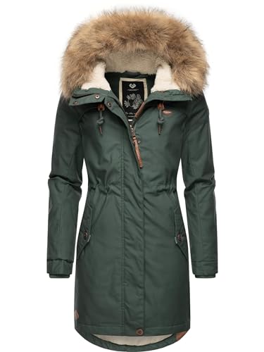 Ragwear Damen Wintermantel Warmer Parka lang mit abnehmbarem Kunstfell Tawny Intl Pine Green23 Gr. XS von Ragwear