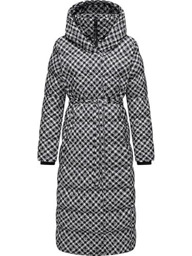 Ragwear Damen Wintermantel Warmer atmungsaktiver und wasserdichter Steppmantel lang mit angesagtem Hahnentritt Muster mit Kapuze Niara Long Print YOUMODO Black Gr. XXL von Ragwear