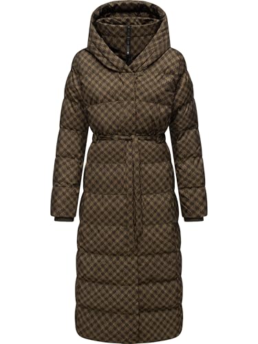 Ragwear Damen Wintermantel Warmer atmungsaktiver und wasserdichter Steppmantel lang mit angesagtem Hahnentritt Muster mit Kapuze Niara Long Print YOUMODO Brown Gr. M von Ragwear