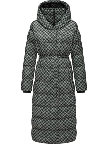 Ragwear Damen Wintermantel Warmer atmungsaktiver und wasserdichter Steppmantel lang mit angesagtem Hahnentritt Muster mit Kapuze Niara Long Print YOUMODO Dusty Green Gr. S von Ragwear