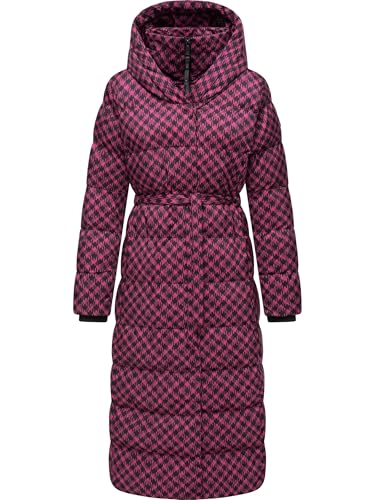 Ragwear Damen Wintermantel Warmer atmungsaktiver und wasserdichter Steppmantel lang mit angesagtem Hahnentritt Muster mit Kapuze Niara Long Print YOUMODO Fuchsia Gr. XL von Ragwear
