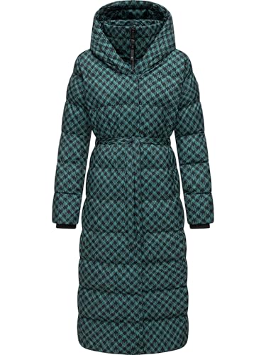 Ragwear Damen Wintermantel Warmer atmungsaktiver und wasserdichter Steppmantel lang mit angesagtem Hahnentritt Muster mit Kapuze Niara Long Print YOUMODO Ocean Green Gr. XS von Ragwear