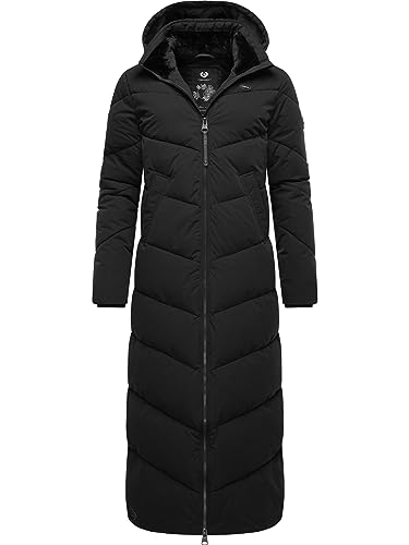 Ragwear Damen Wintermantel Warmer wasserdichter Steppmantel lang mit Abnehmbarer Kapuze Rebelka Extralong Black Gr. L von Ragwear