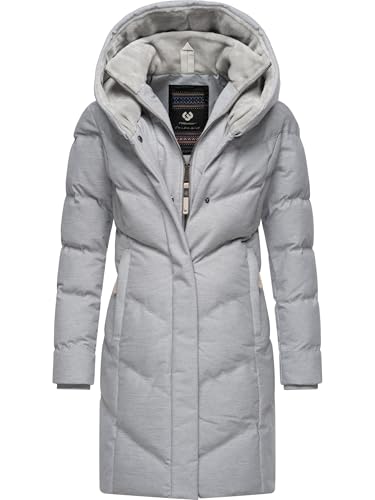 Ragwear Damen Wintermantel Warmer wasserdichter und atmungsaktiver Steppmantel lang mit Kapuze und hohem Teddy-Fleece-Kragen Natalka Cosy YOUMODO Light Grey Gr. S von Ragwear