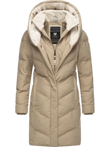 Ragwear Damen Wintermantel Warmer wasserdichter und atmungsaktiver Steppmantel lang mit Kapuze und hohem Teddy-Fleece-Kragen Natalka Cosy YOUMODO Taupe Gr. S von Ragwear