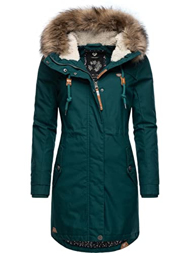 Ragwear Damen Wintermantel Warmer Parka lang mit abnehmbarem Kunstfell Tawny Dark Green22 Gr. XL von Ragwear