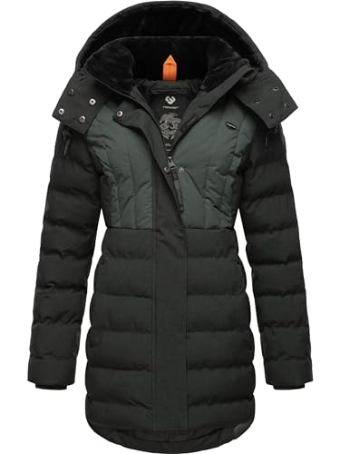 Ragwear Damen Wintermantel Warmer wasserdichter Steppmantel lang mit Kapuze Ashanta Block Dark Green23 Gr. XXL von Ragwear
