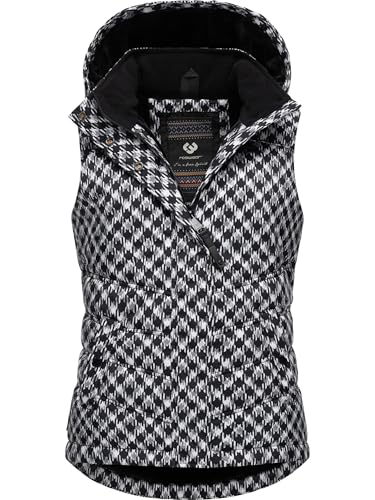 Ragwear Damen ärmellose Outdoorweste warme wasserdichte und atmungsaktive Winterjacke mit angesagtem Hahnentritt Muster und Abnehmbarer Kapuze Hesty Print YOUMODO Black Gr. XS von Ragwear