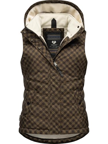 Ragwear Damen ärmellose Outdoorweste warme wasserdichte und atmungsaktive Winterjacke mit angesagtem Hahnentritt Muster und Abnehmbarer Kapuze Hesty Print YOUMODO Brown Gr. S von Ragwear