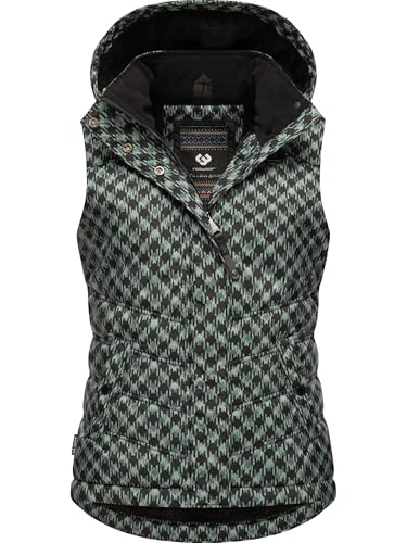 Ragwear Damen ärmellose Outdoorweste warme wasserdichte und atmungsaktive Winterjacke mit angesagtem Hahnentritt Muster und Abnehmbarer Kapuze Hesty Print YOUMODO Dusty Green Gr. XS von Ragwear