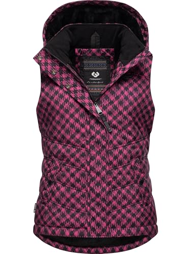 Ragwear Damen ärmellose Outdoorweste warme wasserdichte und atmungsaktive Winterjacke mit angesagtem Hahnentritt Muster und Abnehmbarer Kapuze Hesty Print YOUMODO Fuchsia Gr. L von Ragwear