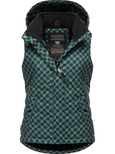 Ragwear Damen ärmellose Outdoorweste warme wasserdichte und atmungsaktive Winterjacke mit angesagtem Hahnentritt Muster und Abnehmbarer Kapuze Hesty Print YOUMODO Ocean Green Gr. S von Ragwear