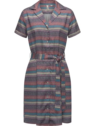 Ragwear Damen gemustertes Sommerkleid Kurzarm Midikleid mit Durchgehender Knopfleiste und Stoffgürtel Sawira YOUMODO Night Blue Gr. L von Ragwear