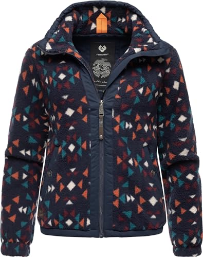 Ragwear Damen Fleecejacke Kurze Teddyfleece-Jacke warm mit Kapuze und Print-Muster Nordicka Aztec Navy Gr. M von Ragwear