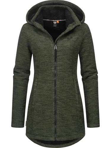 Ragwear Damen weiche Strickjacke mit Teddyfell-Innenfutter und Kapuze Lange Übergangsjacke Leysha Melange YOUMODO Dark Olive Gr. XL von Ragwear