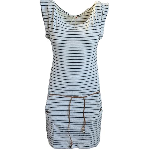 Ragwear Kleid Jerseykleid Gestreift Tag Stripes O Ärmellos Weiß Schwarz mit Gürtel Taschen Größe XL von Ragwear
