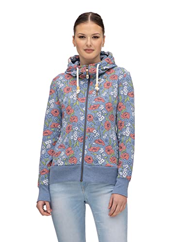 Ragwear PAYA Print Damen Frauen Kapuzenpulli,Zip Hoodie,Sweatjacke,Stehkragen,Seitentaschen,Blau,L von Ragwear