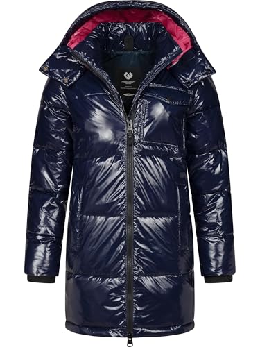Ragwear Warmer Damen Wintermantel Shiny Steppmantel aus glänzendem Material mit Kapuze Roobie Long YOUMODO Navy Gr. L von Ragwear