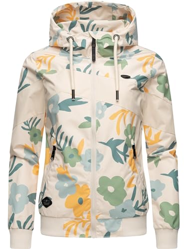 Ragwear leichte Damen Übergangsjacke kurz Bomberjacke mit Allover-Print und Kapuze Nuggie Block Flower Beige Gr. M von Ragwear