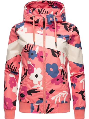 Ragwear leichte Damen Übergangsjacke kurz Bomberjacke mit Allover-Print und Kapuze Nuggie Block Flower Coral Gr. XL von Ragwear