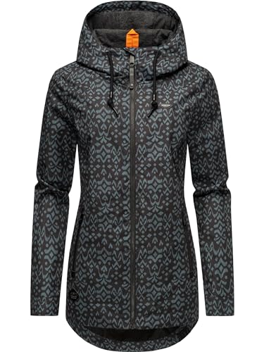 Ragwear leichte Damen Übergangsjacke lang Parka mit coolem Allover-Print und großer Kapuze Zuzka Ikat Black Gr. L von Ragwear