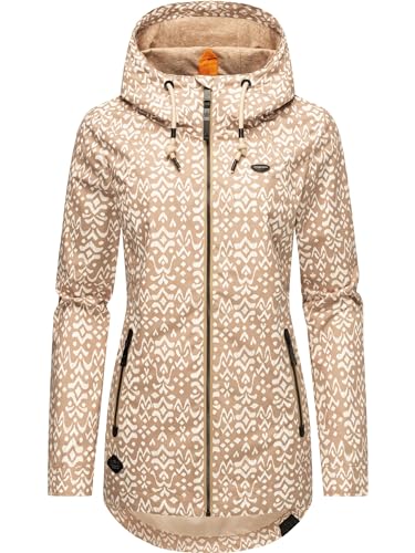 Ragwear leichte Damen Übergangsjacke lang Parka mit coolem Allover-Print und großer Kapuze Zuzka Ikat Latte Gr. L von Ragwear