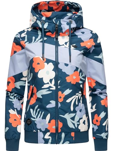 Ragwear leichte wasserdichte Damen Übergangsjacke kurz Bomberjacke mit Allover-Print und Kapuze Nuggie Block Flower Petrol Gr. L von Ragwear