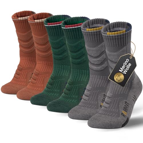 Rahhint 3 Paar Merino Wolle Wandersocken Anti-Blasen Trekking Socken Kompressionssocken Thermosocken Gepolstert Laufsocken Sportsocken für Herren, Damen & Kinder von Rahhint