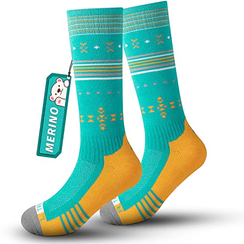 Skisocken Kinder Merinowolle Socken Jungen Mädchen, OTC Streifen Design Dick Gepolstert Knie Hoch Atmungsaktive Warme Compression Kinder Socken für Winter Outdoor-Sportarten 1Paar/2Paar von Rahhint