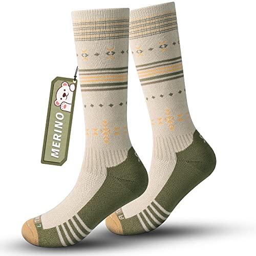 Skisocken Kinder Merinowolle Socken Jungen Mädchen, OTC Streifen Design Dick Gepolstert Knie Hoch Atmungsaktive Warme Compression Kinder Socken für Winter Outdoor-Sportarten 1Paar/2Paar von Rahhint