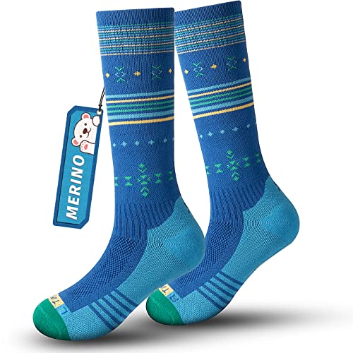 Skisocken Kinder Merinowolle Socken Jungen Mädchen, OTC Streifen Design Dick Gepolstert Knie Hoch Atmungsaktive Warme Compression Kinder Socken für Winter Outdoor-Sportarten 1Paar/2Paar von Rahhint