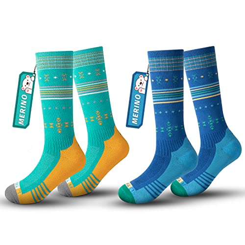 Skisocken Kinder Merinowolle Socken Jungen Mädchen, OTC Streifen Design Dick Gepolstert Knie Hoch Atmungsaktive Warme Compression Kinder Socken für Winter Outdoor-Sportarten 1Paar/2Paar von Rahhint