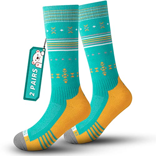 Skisocken Kinder Merinowolle Socken Jungen Mädchen, OTC Streifen Design Dick Gepolstert Knie Hoch Atmungsaktive Warme Compression Kinder Socken für Winter Outdoor-Sportarten 1Paar/2Paar von Rahhint