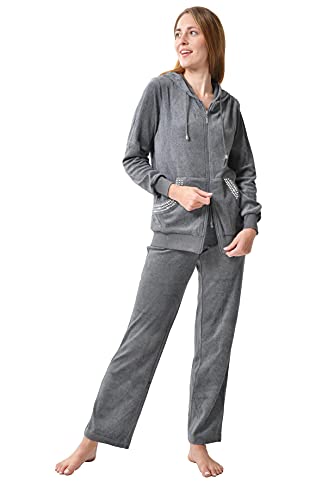 RAIKOU Damen Micro Velours Freizeitanzug Hausanzug mit Reißverschluss Nicki-Anzug Zweiteiliger Schlafanzug mit Strasssteinen (40/42, Grau Melange) von RAIKOU