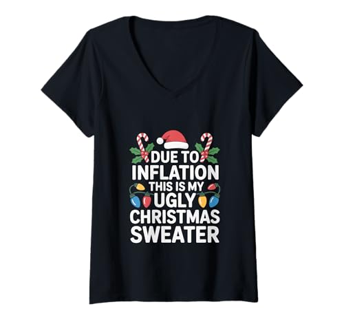 Damen Lustiger Inflation Ugly Christmas Sweater Humor T-Shirt mit V-Ausschnitt von Rail18 Funny Wear
