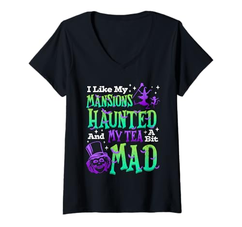 Damen Ich mag My Mansions Haunted und My Tea A Bit Mad Halloween T-Shirt mit V-Ausschnitt Damen Ich mag My Mansions Haunted und My Tea A Bit Mad Halloween T-Shirt mit V-Ausschnitt von Rail18 Halloween