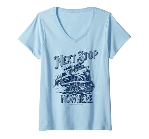 Damen Next Stop Nowhere Retro Train Graphic Railfan Lokomotive T-Shirt mit V-Ausschnitt Damen Next Stop Nowhere Retro Train Graphic Railfan Lokomotive T-Shirt mit V-Ausschnitt von Railfan Railway Co.