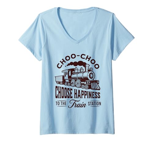 Damen Choo-Choo Choose Happiness Bahnhof T-Shirt mit V-Ausschnitt Damen Choo-Choo Choose Happiness Bahnhof T-Shirt mit V-Ausschnitt von Railway Enthusiast Express Joyful Journeys