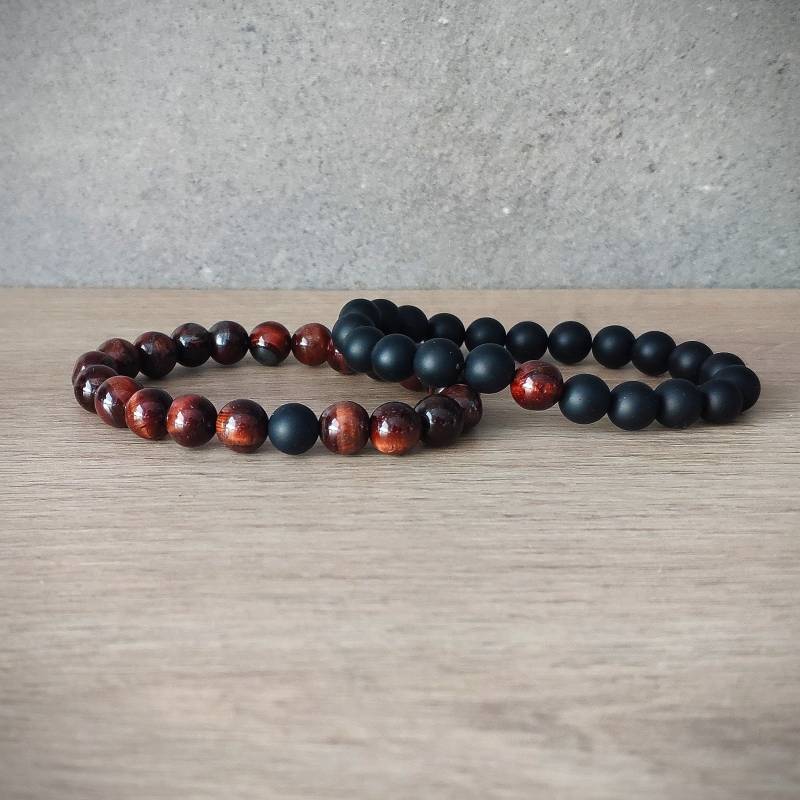 Herren Red Tiger Eye Armband, Matt Achat - Onyx Perlen, Perlen Edelstein Armbänder, Armband Set Geschenke Ehemänner Freunde von RaimondsAccessories