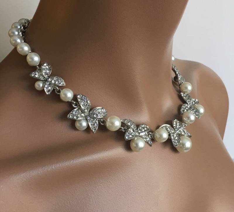 Schmetterling Brautschmuck Set Moderne Halskette Mit Ohrringen, Perlen Kristalle, Modeschmuck Hochzeitsset von RainBling