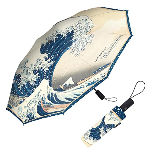 RainCaper Winddichter automatischer Öffnen/Schließen, 109,2 cm Abdeckung, faltbarer Reise-Regenschirm, Fine Art Hokusai The Great Wave verstärkter Rippen-Regenschirm mit passender Hülle von RainCaper