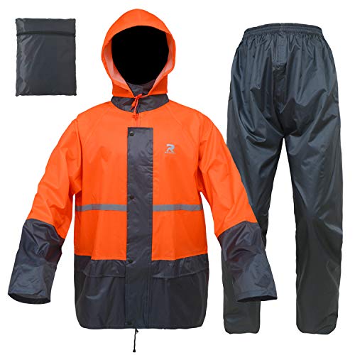 RainRider Regenanzüge für Herren und Damen, wasserdicht, leicht, Regenjacke, Mantel mit Hose, Arbeitskleidung (Größe XXL, Orange/Grau) von RainRider