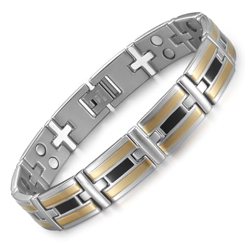 RainSo Herren Double Row Magnetarmband 3500 Goss klassisches Design mit Gold und Tropfen schwarzem Öl Handwerkskunst, kommt mit Einstellwerkzeug und feine Verpackung (Silber) von RainSo