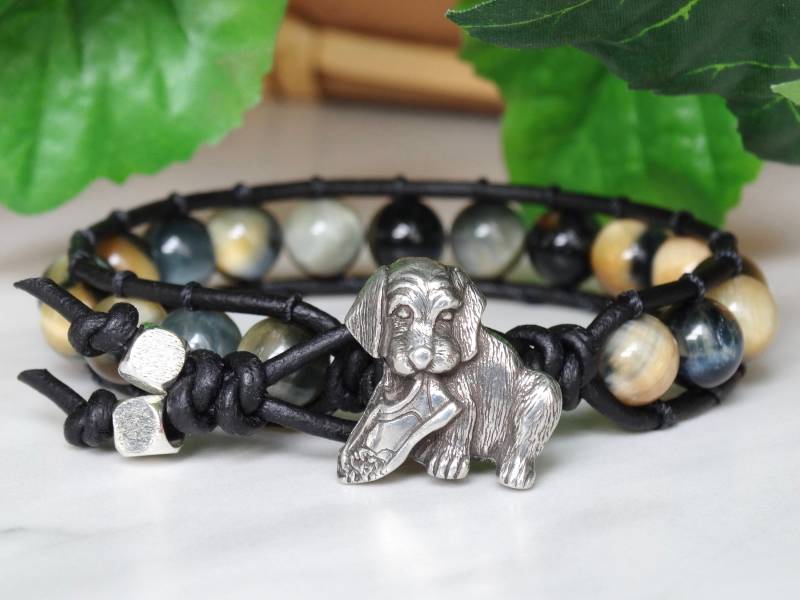 Tigerauge Edelstein Lederarmband, Blauer Leder Wrap Mit Welpen, Blau Gelb Armband, Hundeschmuck, Rt056 von RainTreeEssentials