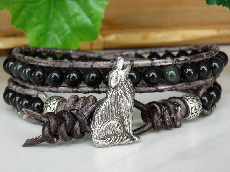 Wolf Lederarmband, Schmuck, Regenbogen Obsidian Lederverpackung, Rustikales Boho Armband, Rt140 von RainTreeEssentials