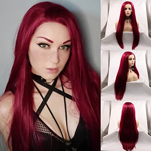 Glatte, dunkelrote Kunsthaar-Perücke mit Spitze vorne für Damen, Cosplay-Party, Ersatz, Drag Queen, Meerjungfrau, Rot, Kunsthaar (61 cm, Dunkelrot/Lace-Front-Perücke) von RainaHair