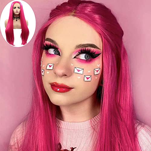 Lange rote rosa Per眉cke synthetische Lace-Front-Per眉cken Haar lange weiche Per眉cke Haar Per眉cke f眉r Frauen (61 cm, rot pink/Lace Front Per眉cke) von RainaHair