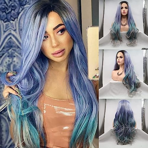Ombre Syntehtic Lace Front Perücke Körper Wave Dark Roots to Purple Blue Gray Colorful Wig Heat Resistant Synthetic Lace Front Wigs for Women 24 Inch (Ombre Blue) von RainaHair